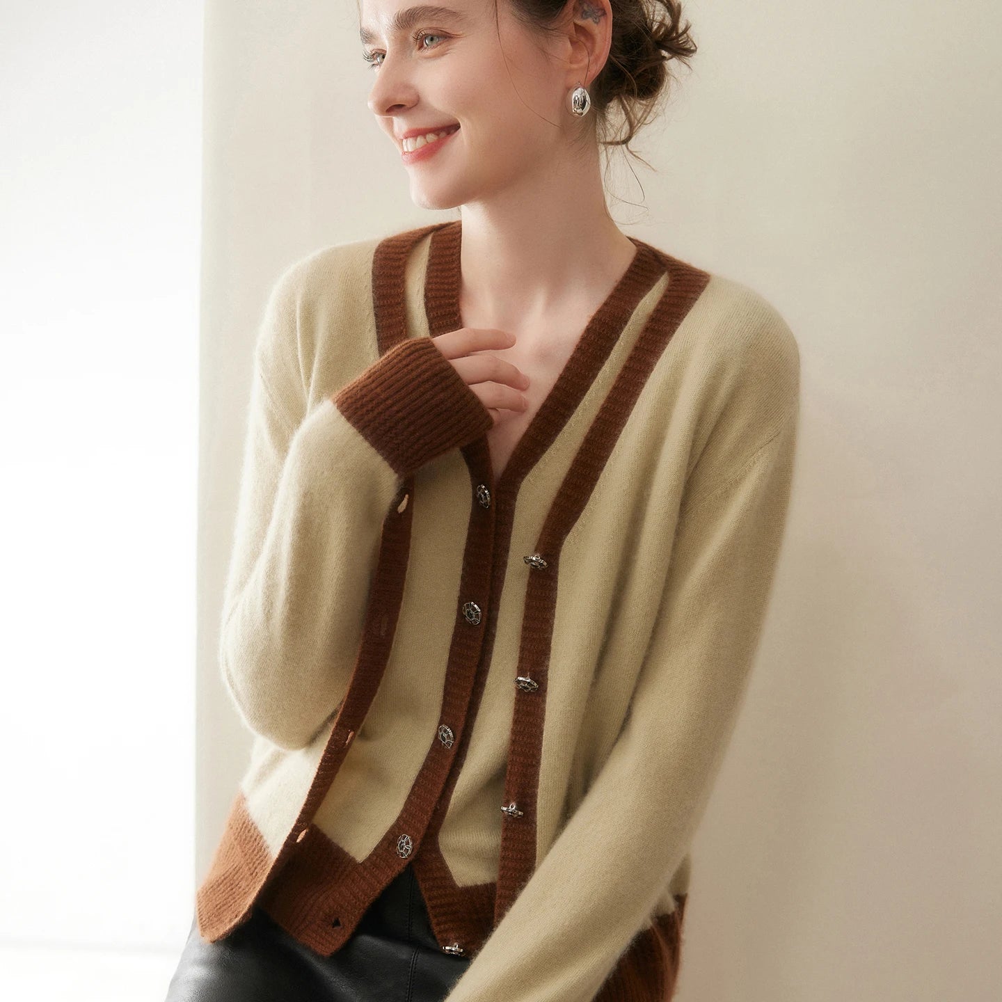 Women Cashmere Sweater V-neck  Cardigan and Vest Set Spring Autumn Winter 100% Cashmere Knitwear Long Sleeve Top Waistcoat Suit