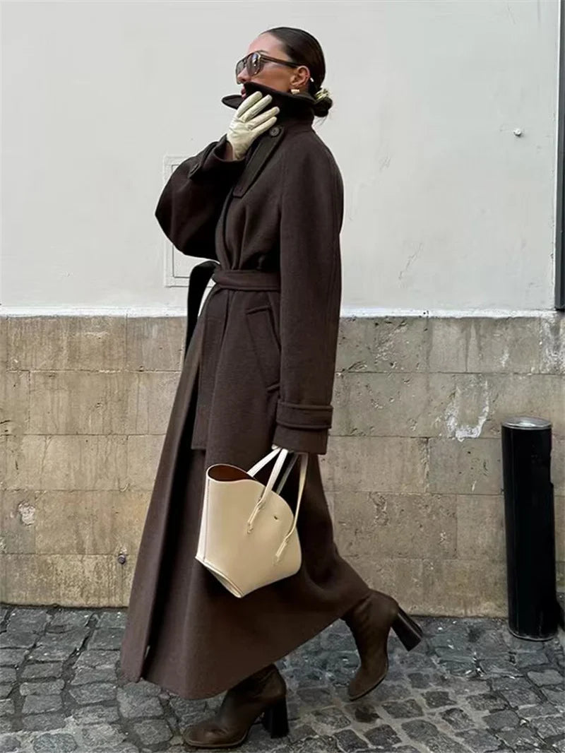 Women's Coat 2025 Winter New Style Dark Brown Long-Sleeve Belted Loose-Fit Long Woolen Coat Fashionable and Stylish