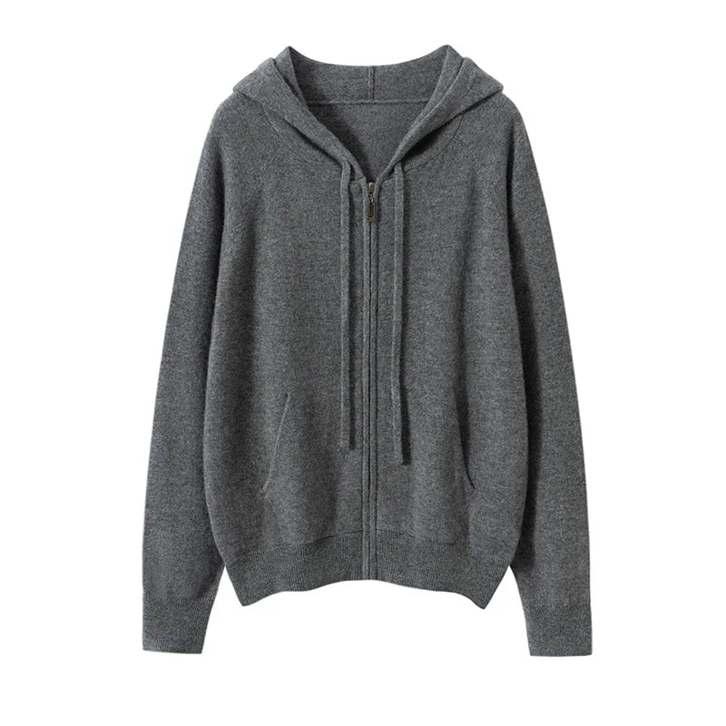 New Women 100% Cashmere Sweater Hooded Zipper Cardigan Cashmere  Autumn Winter Soft Long Sleeve Casual Simple Style Clothing Top