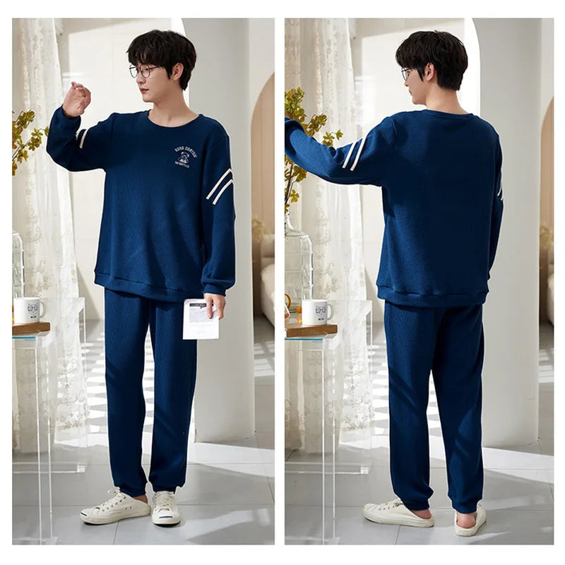 Men's Clothes Fall and Winter Pajamas Cotton Waffle Fashion Solid Color Comfortable Elastic Loungewear Homewear Youth Sleepwear