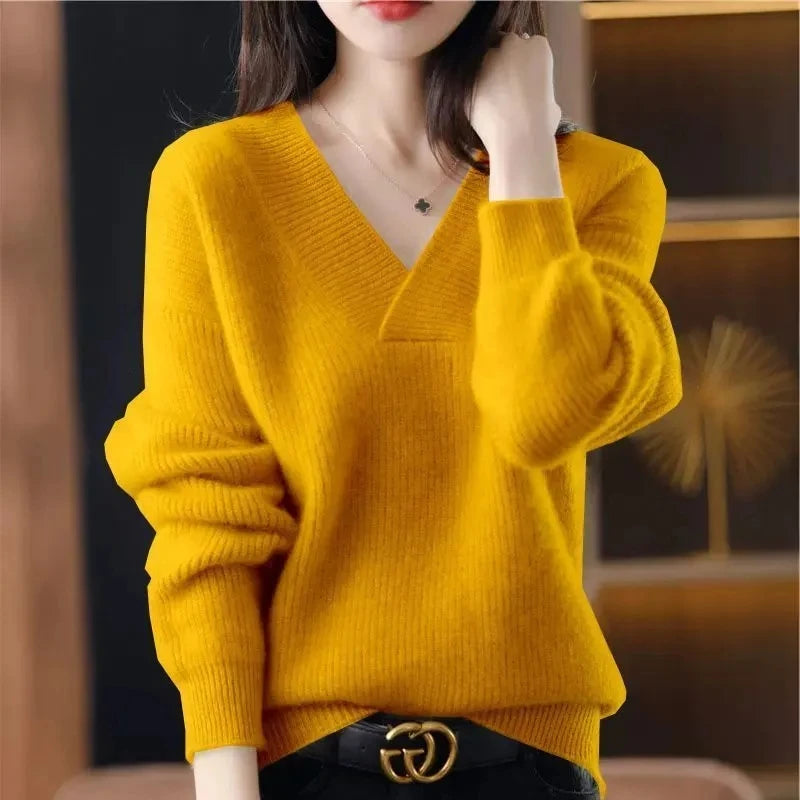 Cashmere Sweater Women's 100% Wool Sweater Fashion V-neck Knitted Pullover 2024 Winter and Autumn New Loose Solid Soft Sweater