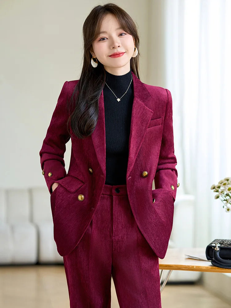 Winter Women Fashion Elegant Corduroy Pantsuit Vintage Chic Blazer Jackets and Pants Two Pieces Set Female Clothes Outfits