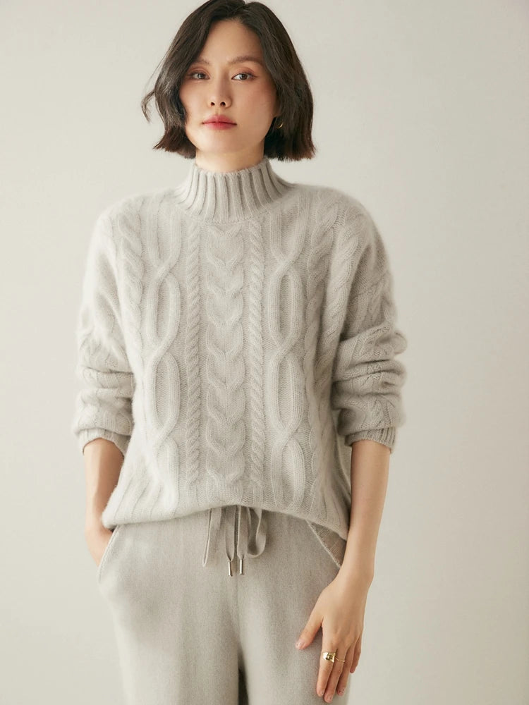 Women 100% Cashmere Sweater Mock Neck Pullover Cable Knitting Vintage Loose Style Thickened Cashmere Knitwear Autumn Winter Tops