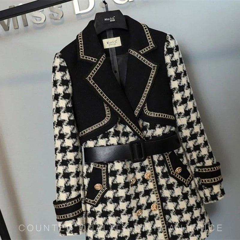 Woolen Coat Women Winter New Double-Breasted Mid-Long Plaid Woolen Windbreaker Fashion Pocket Belt Outwear Wool Coats Female