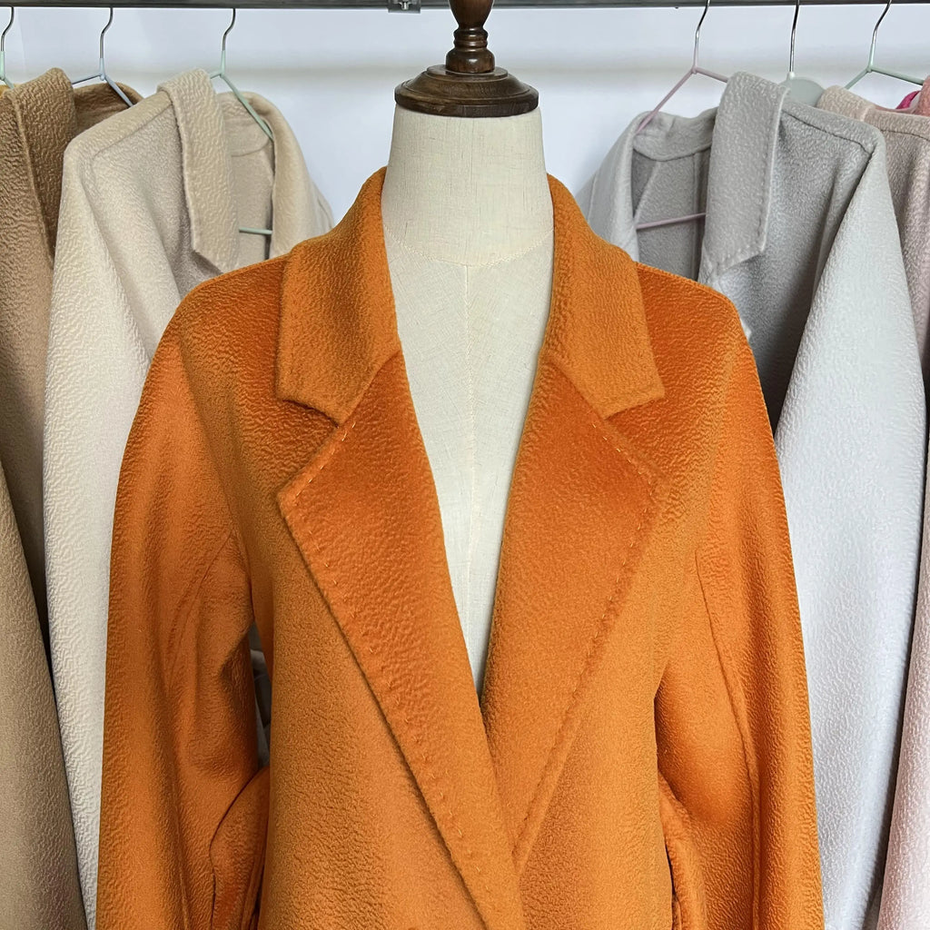 Cashmere Coat Female Winter Mid-Length Corrugated Coat Black Wool Coat Woman Autumn New Casual Fashion Red Beige Lace-Up Coat