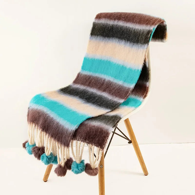 Women Winter Scarf Imitation Cashmere Colorful Knitted Scarves with Rabbit Fur Ball Tassels Warm Stripe Patchwork Colors Shawls