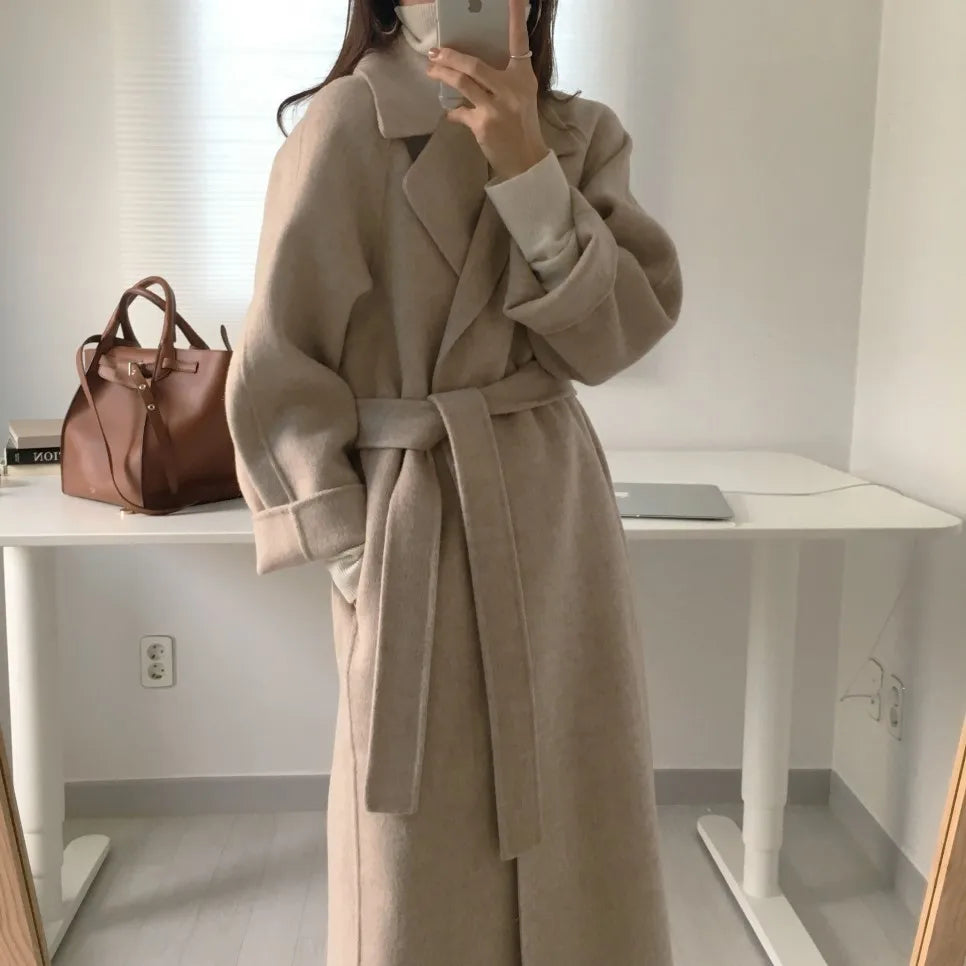 Elegant Woolen Coat Women's 2025 Autumn Winter Mid Length Adjustable Waist Thick Casual Long Sleeve Fashion Wool Coats Female