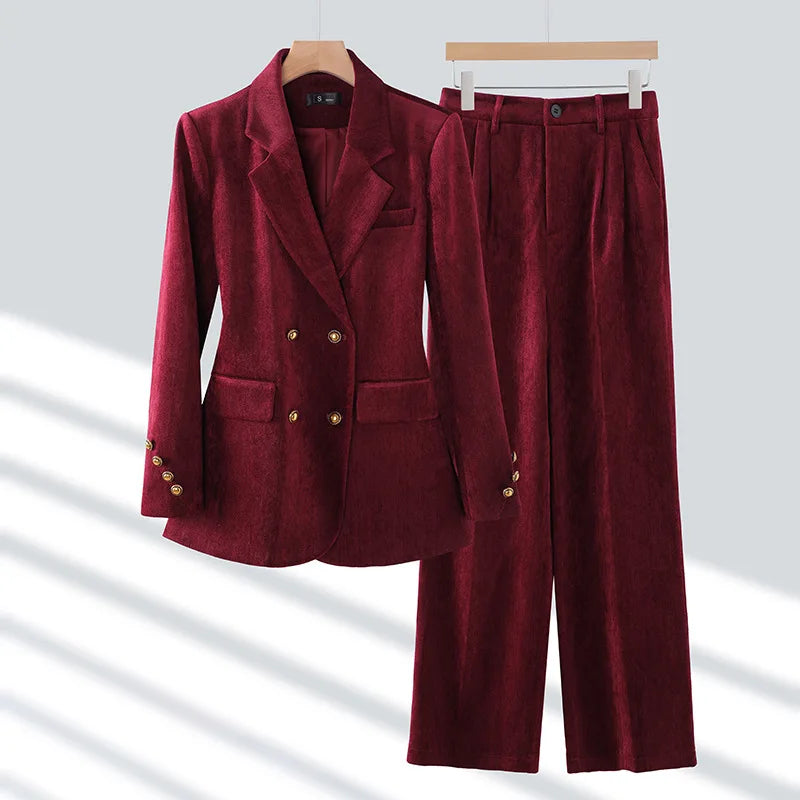Winter Women Fashion Elegant Corduroy Pantsuit Vintage Chic Blazer Jackets and Pants Two Pieces Set Female Clothes Outfits