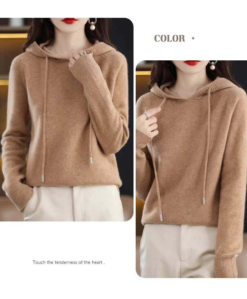 Cashmere Hooded Sweater Women Autumn Winter Long Sleeve Solid Color Knitted Hoodies Lady Loose Drawstring Casual Pullover Hoodie