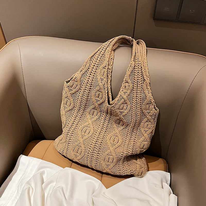 Wool Knitted Shoulder Shopping Bag for Women Vintage Cotton Cloth Girls Tote Shopper Bag Large Female Handbag Crochet Bag