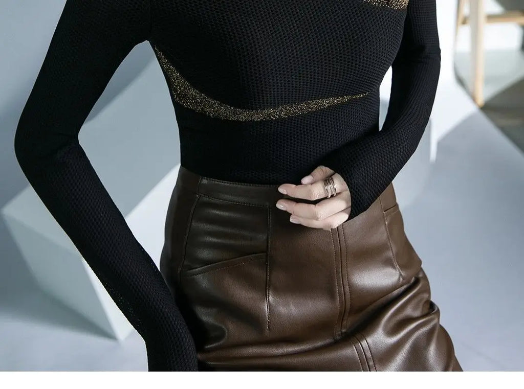 Women's Clothing Sexy See Through Mesh Patchwork Black Basic T-Shirts High Collar Elegant Chic Bright Silk Long Sleeve Slim Tops