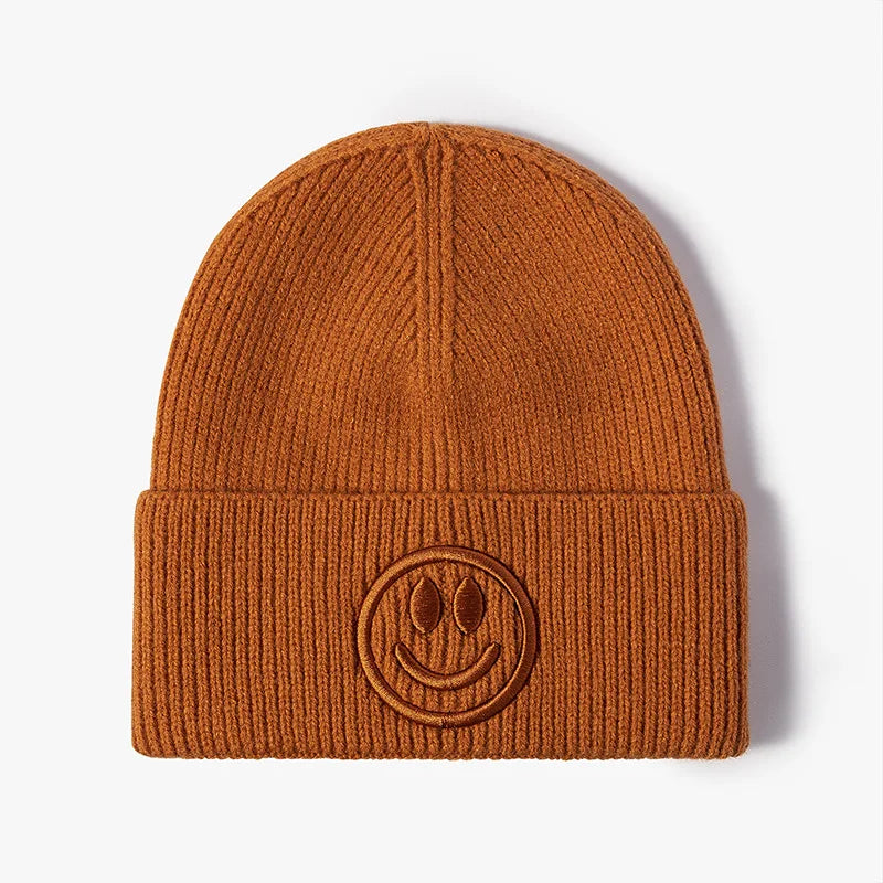 Wool hat female Korean versioncartoonsmiley face embroidered knittedautumn andwintermen'soutdoorwarm thickened brimless cold hat