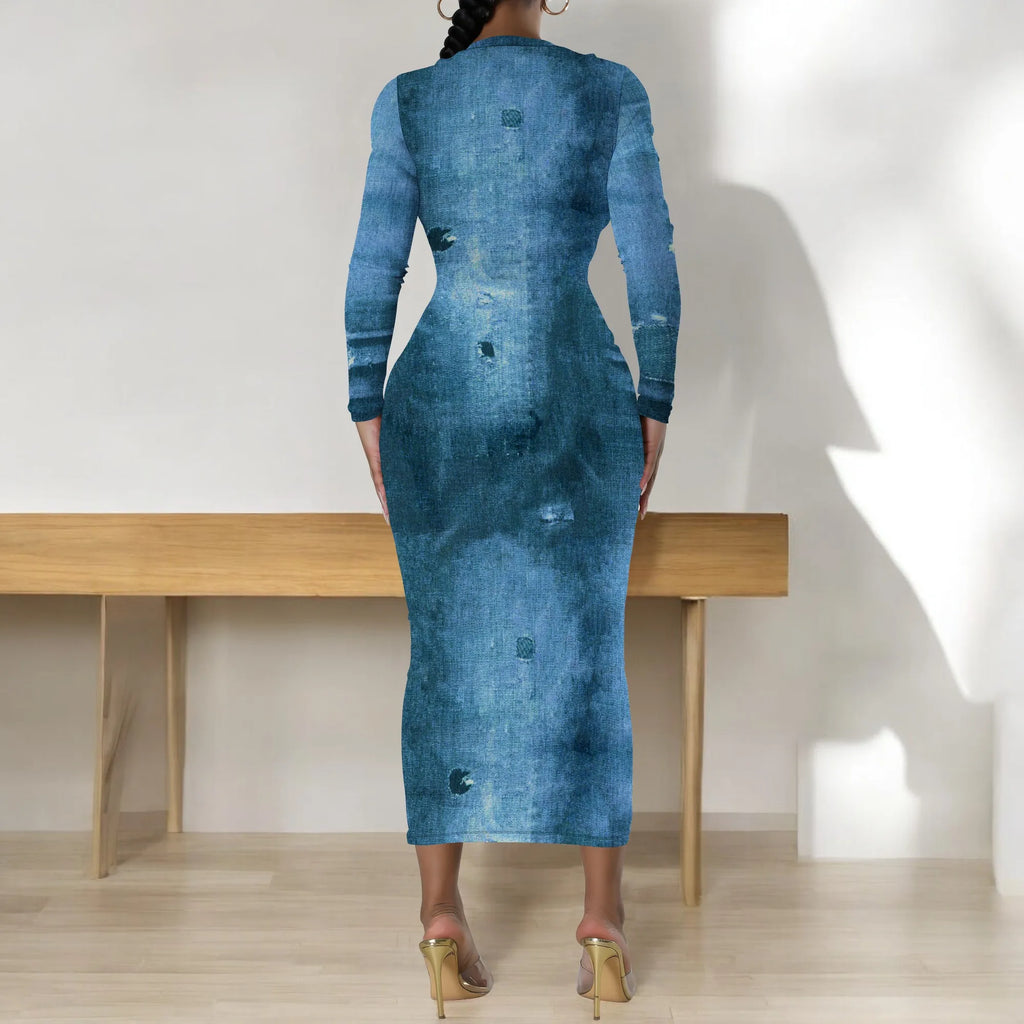 European and American women's fashion temperament casual print slim black dress