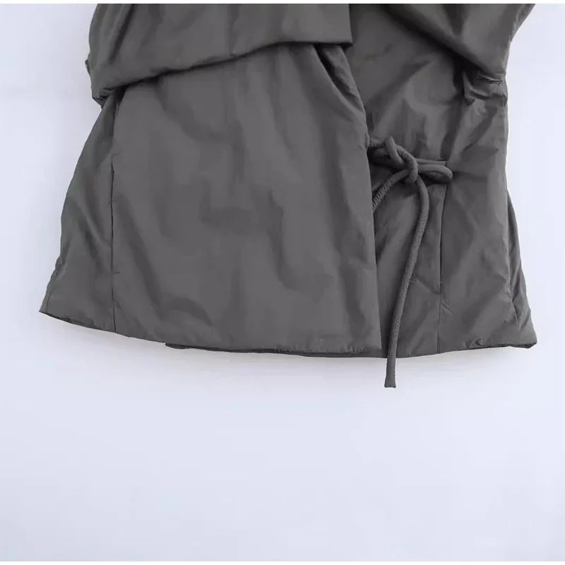 Casual Gray Lace Up Coat Women Cotton V-neck Luxury Pocket 2025 Autumn Thick Jackets Female Chic Street All-match Outwear Tops