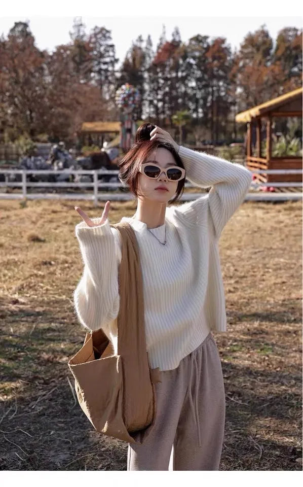 100% Cashmere sweater for women's autumn and winter loose and soft sweater wool knitted sweater round neck base layer