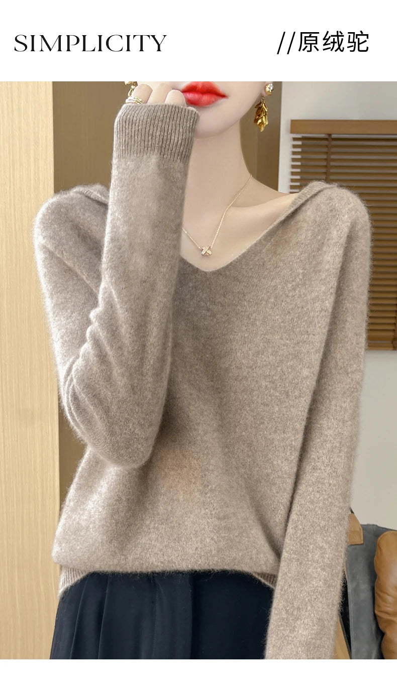 Women Autumn Winter Clothing Hooded Collar Pullover 100% Merino Wool Sweater New Fashion Cashmere Tops Bottoming Knitwear Soft