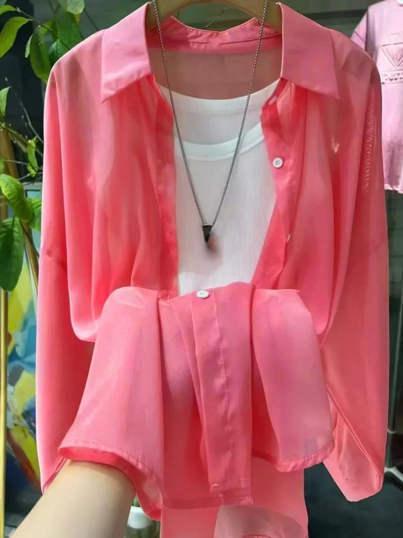 New Women's Shirt | Lightweight Breathable, Solid Color, Straight Button Placket, Lapel, Long-Sleeve, Outerwear & Sun-Protective