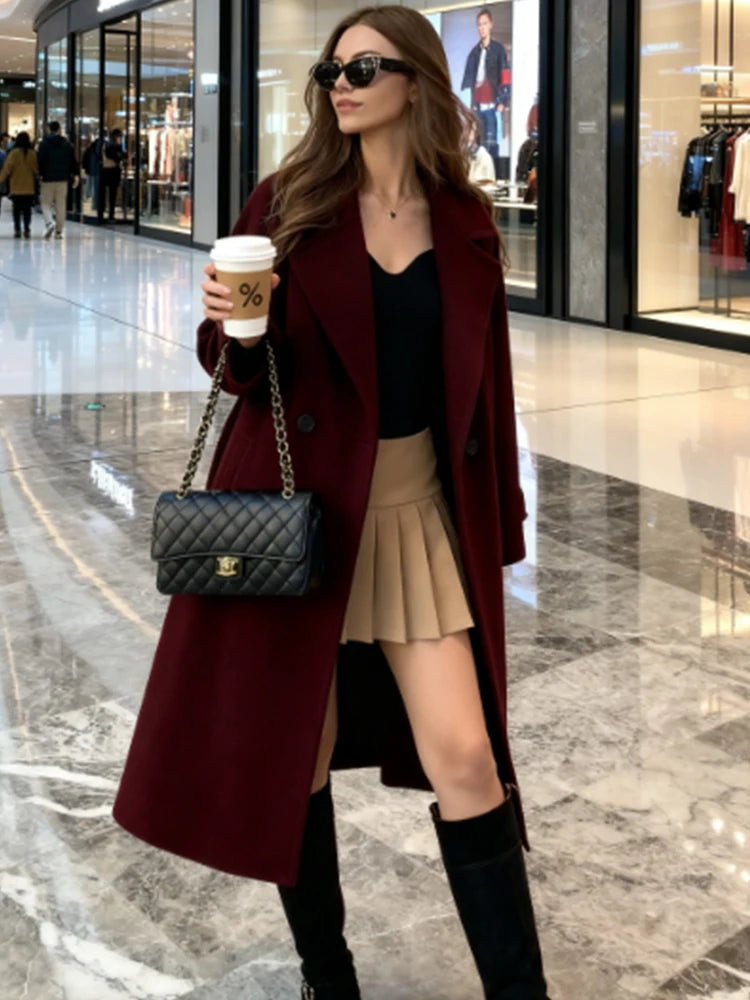 Women's Overcoat 2025 Autumn Winter New Fashion Laple Long Sleeves Double-Breasted Coat Female High Street Elegant New Coats