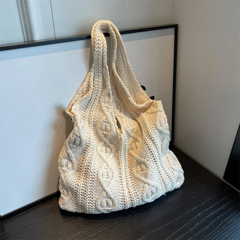 Wool Knitted Shoulder Shopping Bag for Women Vintage Cotton Cloth Girls Tote Shopper Bag Large Female Handbag Crochet Bag