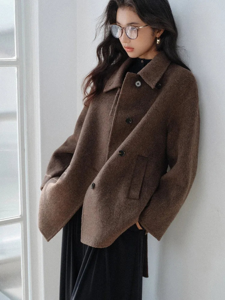 Women Elegant Wool-Like Winter Short Coat Brown Belted Jacket Warm Casual Outerwear for Lady with High Neck and Waist Tie Design