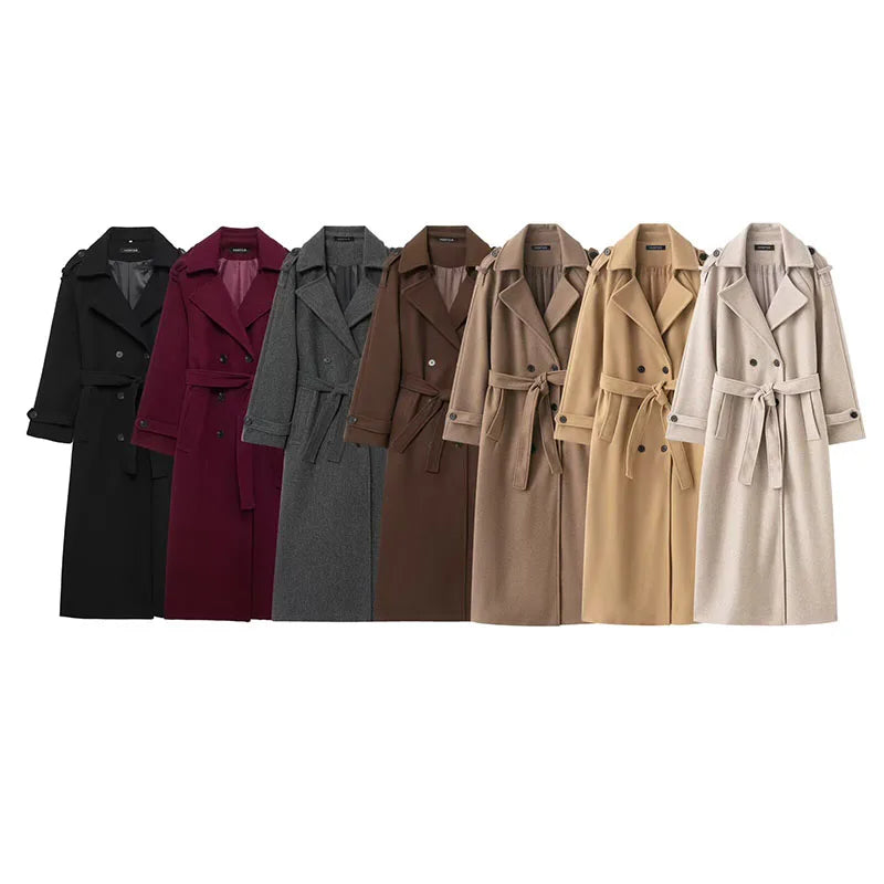 HH Winter Elegant Women Turn-Down Collar Long Coat Solid Long Sleeves Pocket Belt Double-Breasted Female Slim Windbreaker Coats