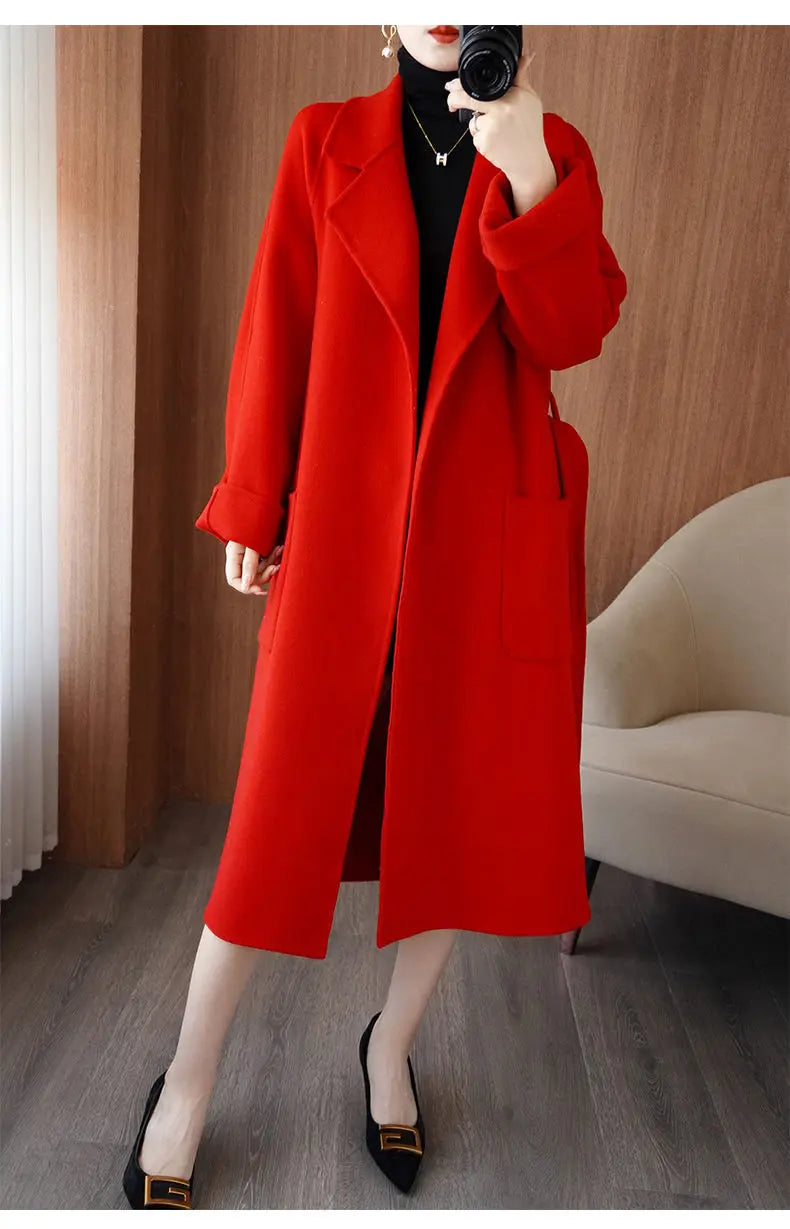2024 Women's Wear 100% Wool Coat Autumn/Winter Fashion Temperament Double sided Cashmere Coats with Belt Elegant Long Overcoat