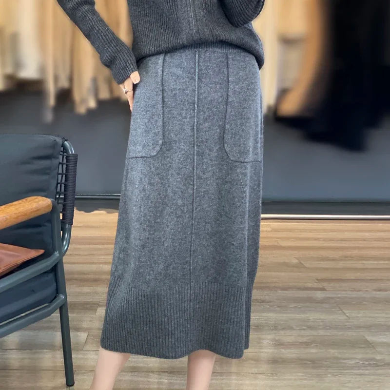 Women's Knitted Cashmere Skirt Double Pocket 100% Pure Wool Commuter Joker Straight Skirt for Autumn Winter New