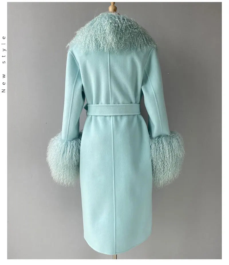 Women Cashmere Wool Coat With Real Mongolian Sheep Fur Collar  Ladies Autumn Winter Fashion Long Outwear Full Sleeve Fur Jacket