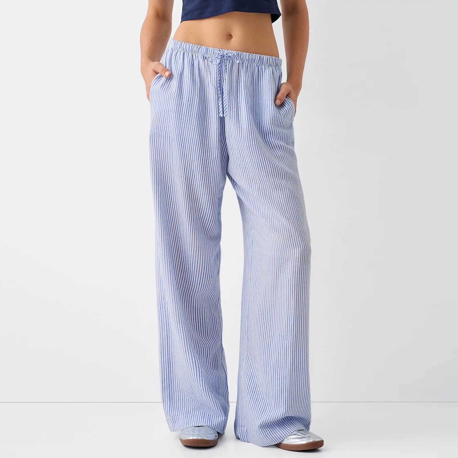 Womens Casual Striped Pants Elastic Waist Loose Aesthetic Trousers Streetwear Loungewear with Pockets Summer Female Home Wear