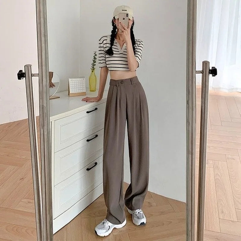 Trousers Woman Wide Leg Clothing Office Womens Pants Tailoring with Pockets Solid Work Zipper All Medium Comfortable Stretch 90s