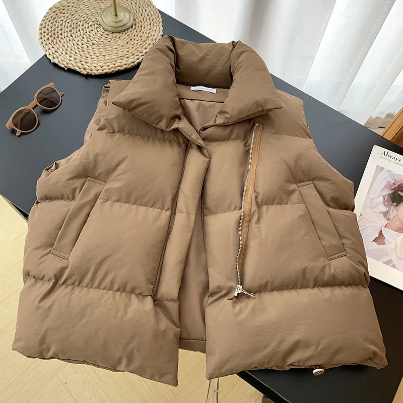 Women's Winter Short down Sleeveless Vest Warm Stand Collar Zipper Jacket Casual Fashion Quilted Cropped Coats Street Outerwear