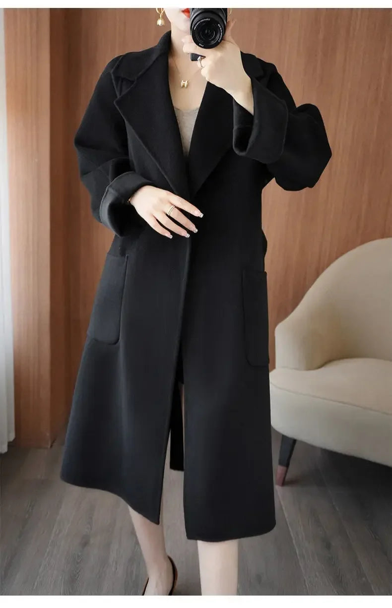 100% Wool Coat Women's Wear 2025 Autumn/Winter Fashion Temperament Double sided Cashmere Coats with Belt Elegant Long Overcoat