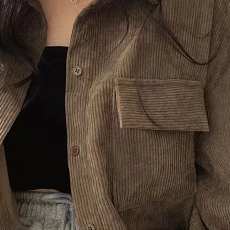 Autumn Casual Button Outwear Top with Pockets Retro Versatile Turndown Collar Long Sleeved Jacket for Women Street Loose Coat