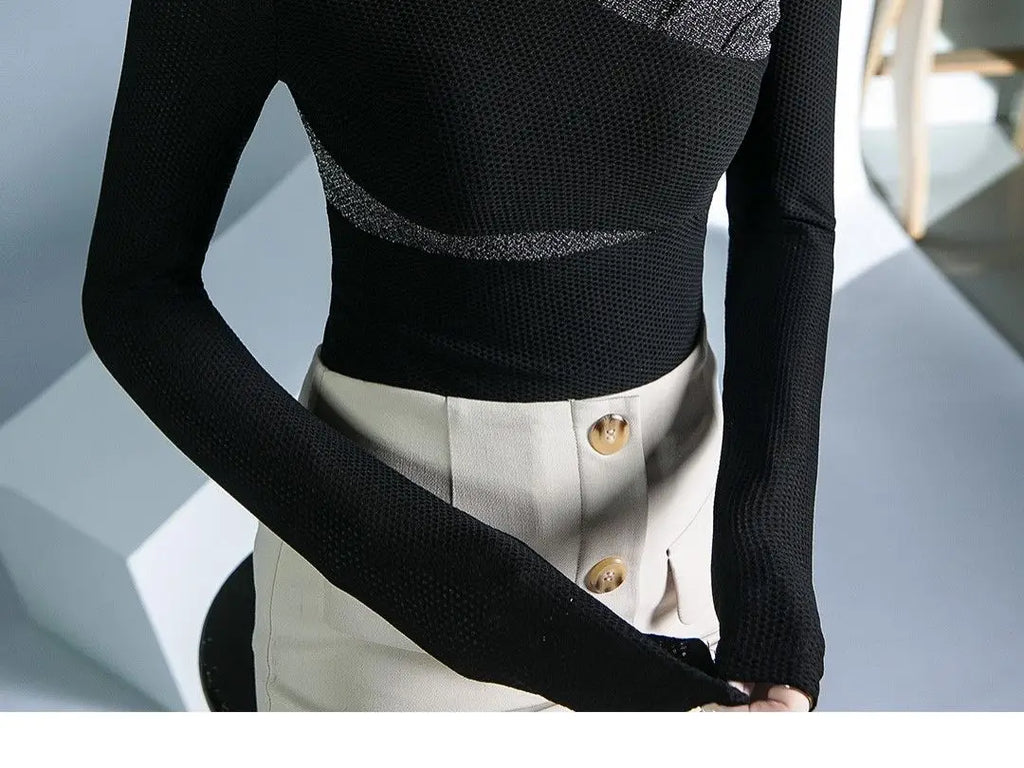 Women's Clothing Sexy See Through Mesh Patchwork Black Basic T-Shirts High Collar Elegant Chic Bright Silk Long Sleeve Slim Tops