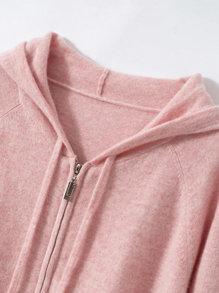 New Women 100% Cashmere Sweater Hooded Zipper Cardigan Cashmere  Autumn Winter Soft Long Sleeve Casual Simple Style Clothing Top