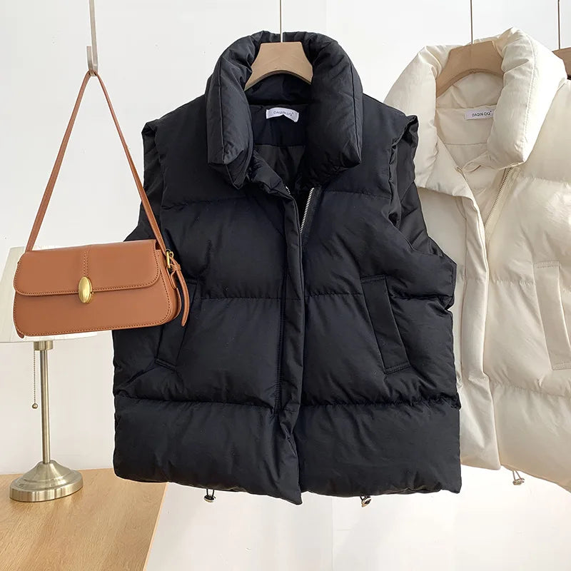 Women's Winter Short down Sleeveless Vest Warm Stand Collar Zipper Jacket Casual Fashion Quilted Cropped Coats Street Outerwear