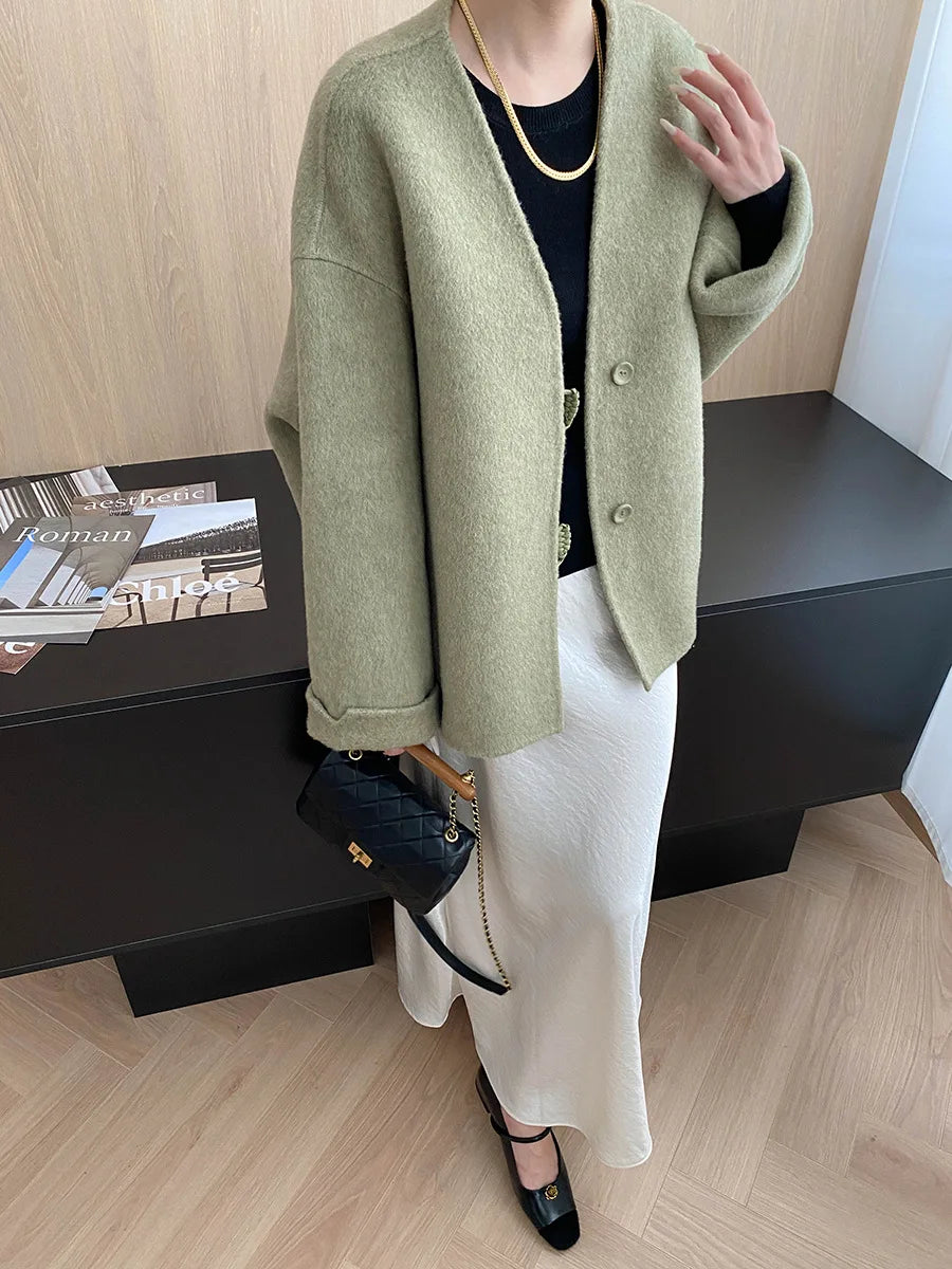 Winter women's casual solid color V-neck double-sided woolen coat jacket