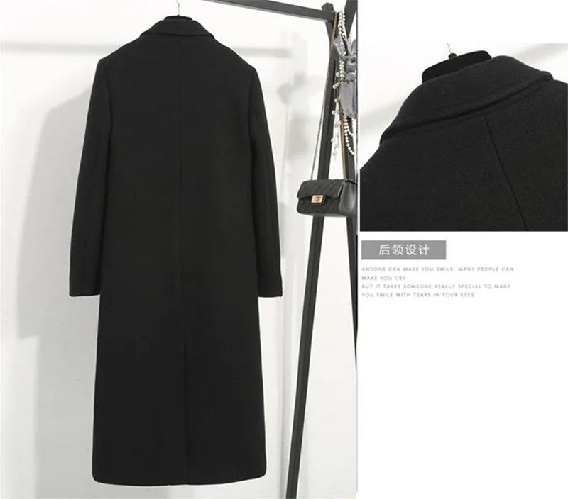 Women's Classic Black Woolen Coat Female Mid-Length Jacket New Korean Version Thicken Woolen Blend Overcoat Autumn Winter