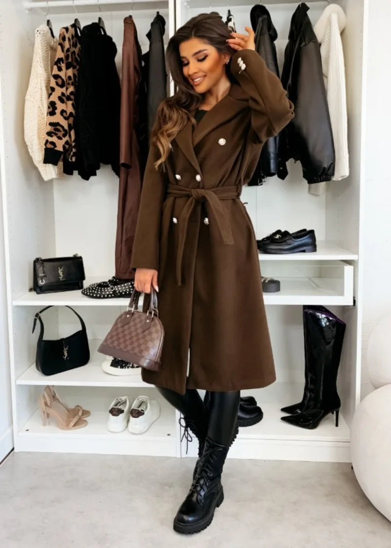 Women's Woolen Coat Autumn Winter Vintage Elegant Double Breasted Trench Coat Women Brown Long Sleeved Midi Windbreaker Jacket