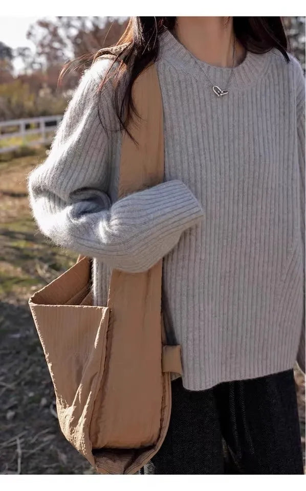 100% Cashmere sweater for women's autumn and winter loose and soft sweater wool knitted sweater round neck base layer