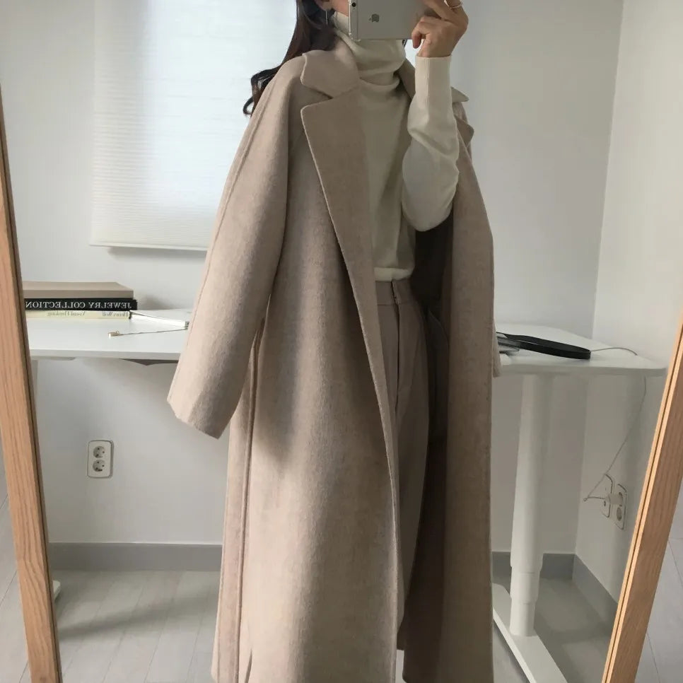 Elegant Woolen Coat Women's 2025 Autumn Winter Mid Length Adjustable Waist Thick Casual Long Sleeve Fashion Wool Coats Female