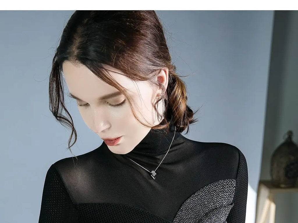 Women's Clothing Sexy See Through Mesh Patchwork Black Basic T-Shirts High Collar Elegant Chic Bright Silk Long Sleeve Slim Tops