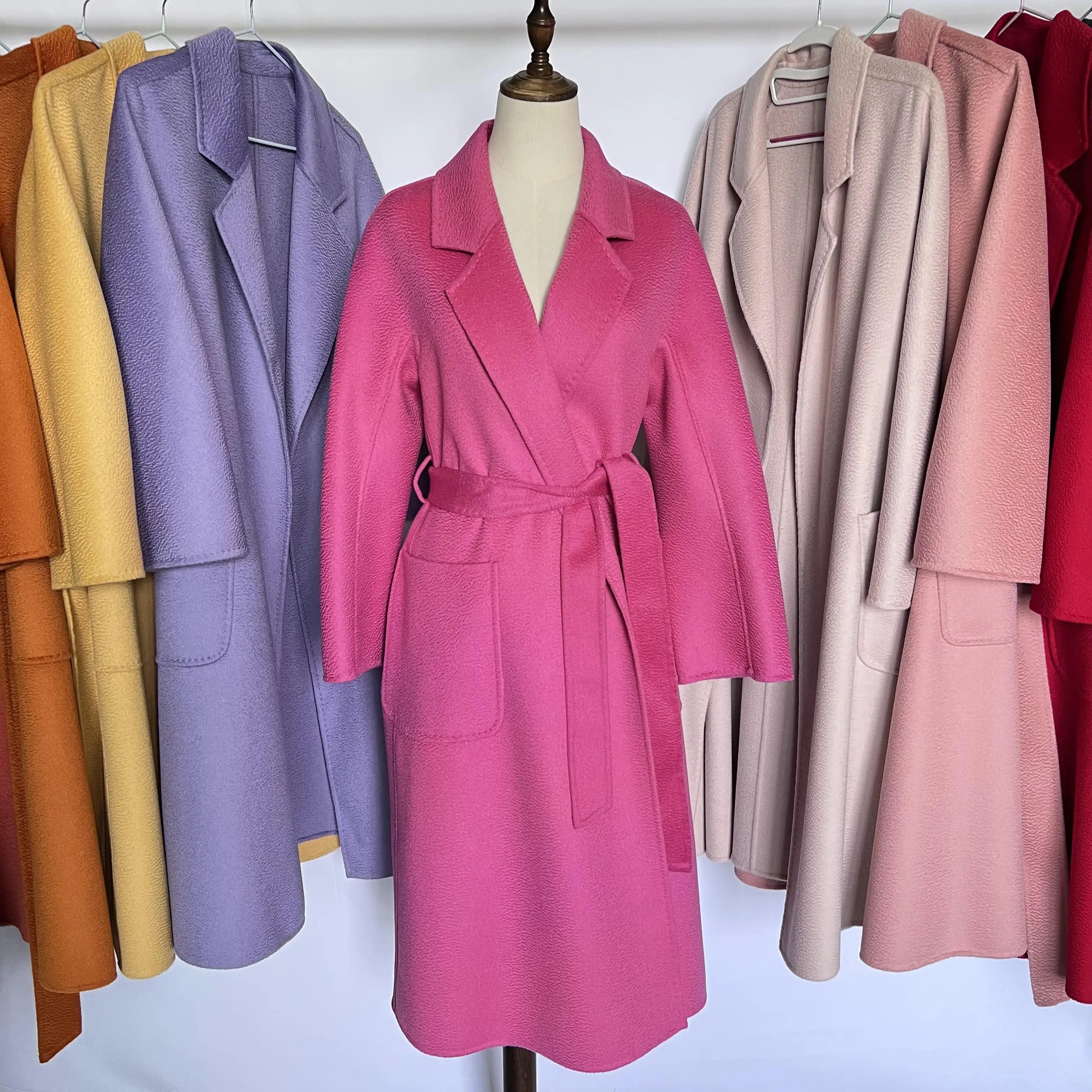 Cashmere Coat Female Winter Mid-Length Corrugated Coat Black Wool Coat Woman Autumn New Casual Fashion Red Beige Lace-Up Coat