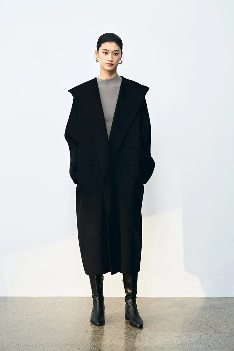 Office Lady Cashmere Woolen Jackets 2024 Autumn And Winter High-Grade Hooded Bathrobe Style Loose Lace-Up Long Women Wool Coats