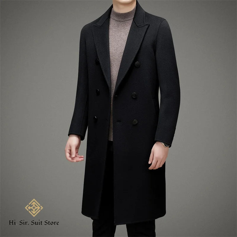 High-end Men's Double-breasted Wool Coat Fashionable Long Wool Knee-length Casual Suit Jacket for Men Peak Lapel Customized Coat