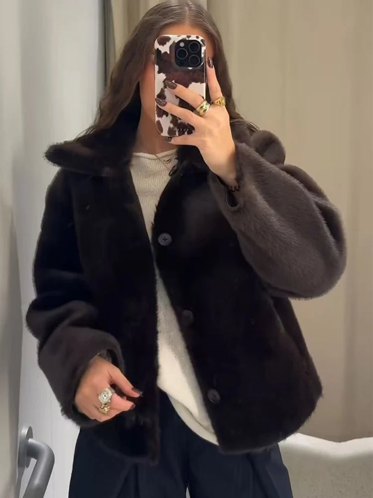 Winter Women New Double-sided Fleece Leather Jacket Fashion Reversible Lapel Single Breasted  Short Coat Retro Pocket Outwear