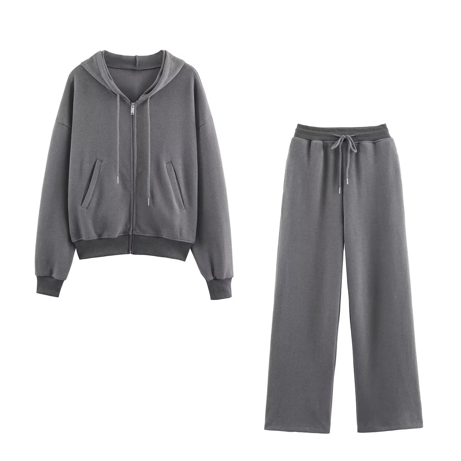 2025 Winter New Women's Clothing: Versatile Casual Fashion Simple Ribbed Soft Hooded Sweatshirt + Straight Leg Pants