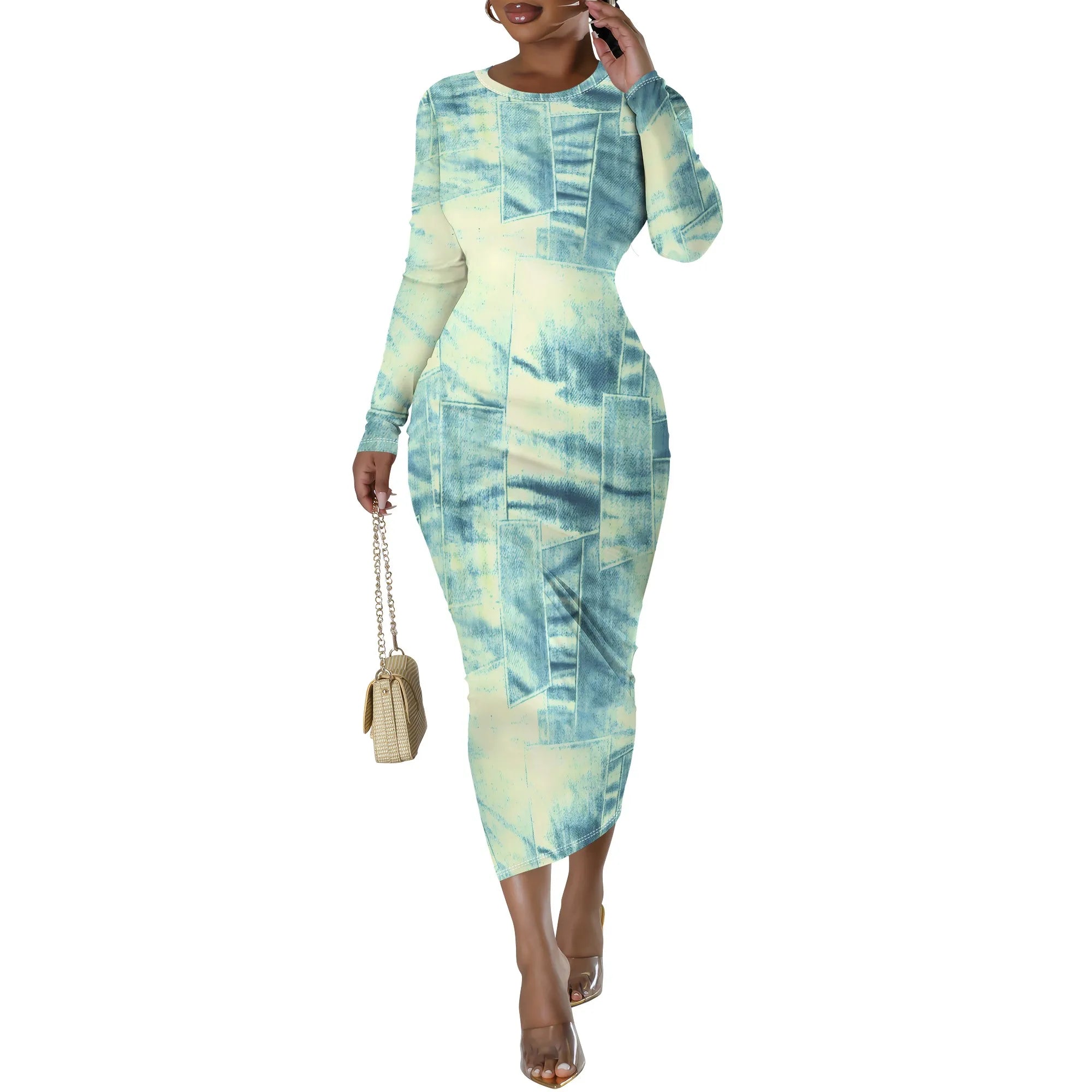 European and American women's fashion temperament casual print slim black dress