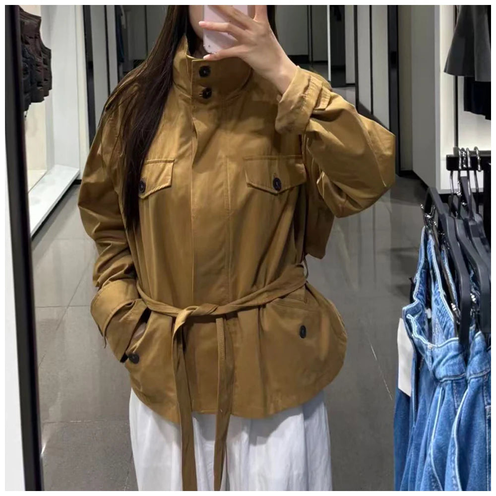 Women Fashion Cinched Waist Short Workwear Jacket Stand Collar Belted Trendy And Versatile Trench Coat Casual Stylish Streetwear