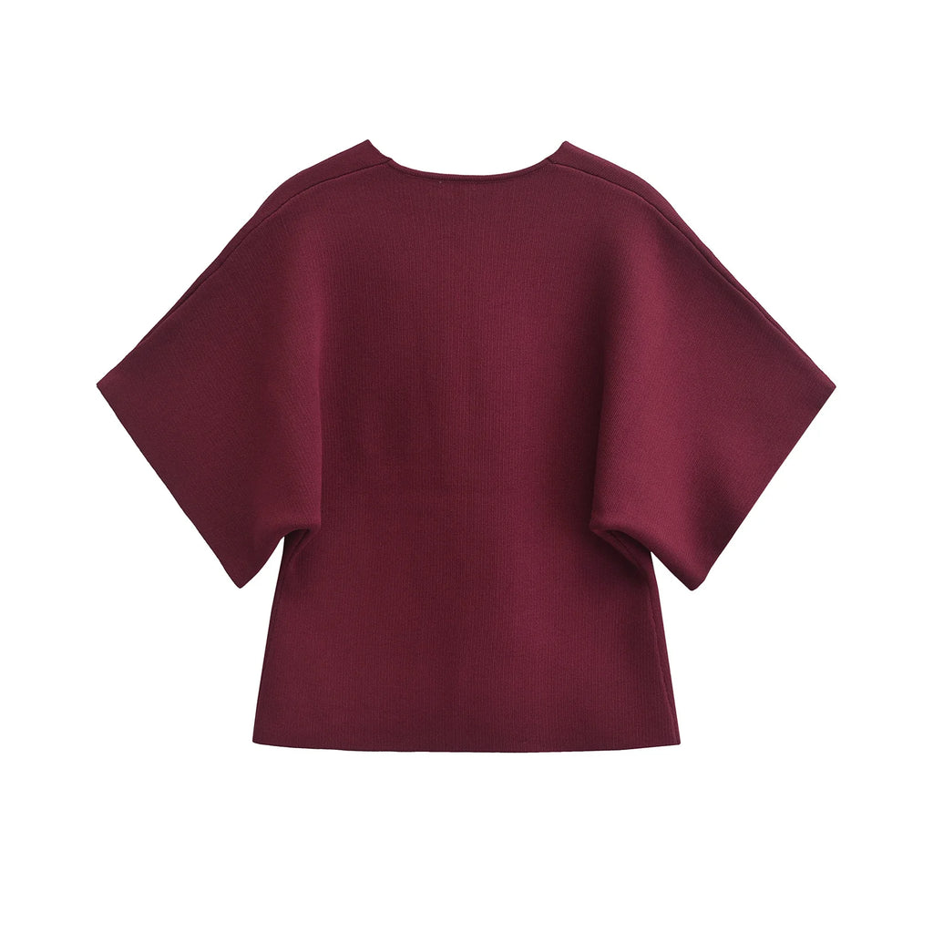 2024 European and American style autumn new women's fashion simple style casual plain needle short sleeve V neck knitted top